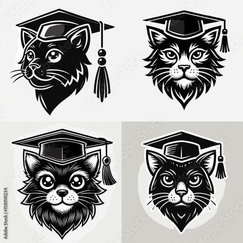 Black Cat. With Graduation Diploma Cap Graduate Clipart Line Art Vector Illustration. Feline friend ebony domestic animal good luck charm dark pet popular theme.