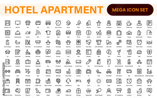 Hotel apartment icons set. Rental property icons. Set of hotel booking, five-star hotel, service line vector web icon.Hotel universal set with Building, Parking,  Meal, Air conditioner.