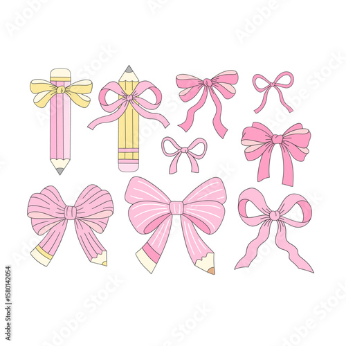 Preppy Coquette Back to School Vector Illustration Set of Girly Stationery and School Supplies Pencils and Ribbon Bows in Retro Pastel Colors. Ideal for planner stickers, digital scrapbooking