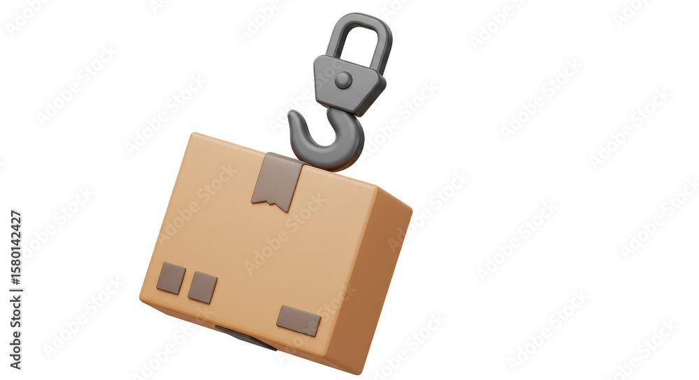 Fototapeta premium 3D Rendered Cardboard Box Hooked for Shipping Transparent Background