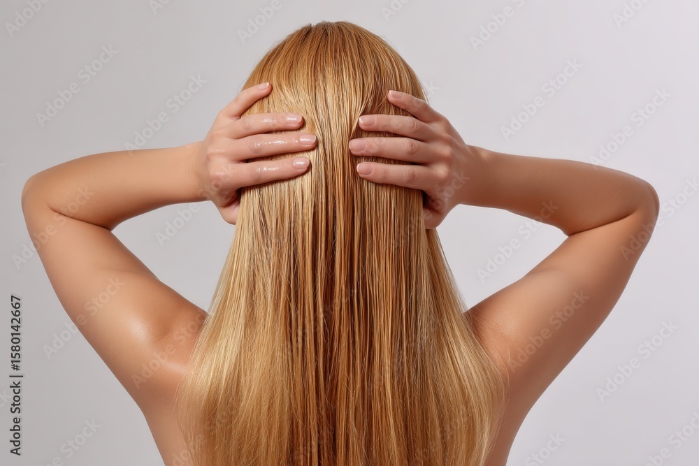 Naklejka premium A woman with long blonde hair holds her hair with her hands