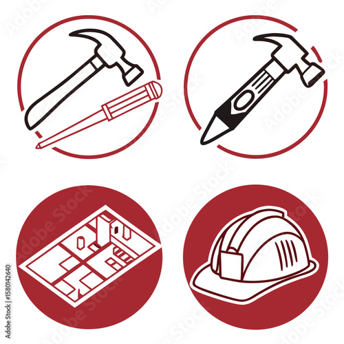 Construction and renovation icons featuring tools blueprint and hard hat