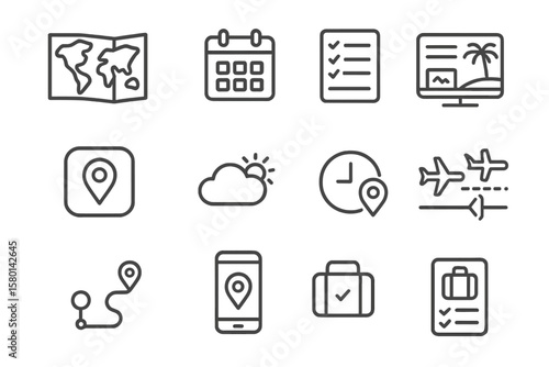Travel and planning icons set for map, calendar, and itinerary
