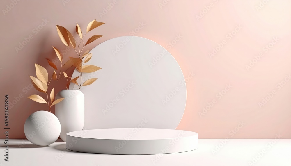 Fototapeta premium Minimalist decorative display with white vases and dried plants on a simple round platform soft pink background studio style