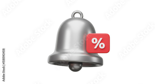 3D Render of Silver Bell with Red Discount Percentage Icon Isolated