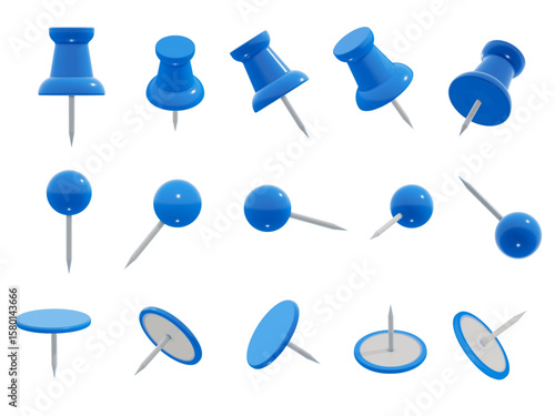 Set of realistic different blue push pin shapes, isolated, in various angles. 3D vector illustration of round-head, flat-head, and classic office-style thumb tacks.