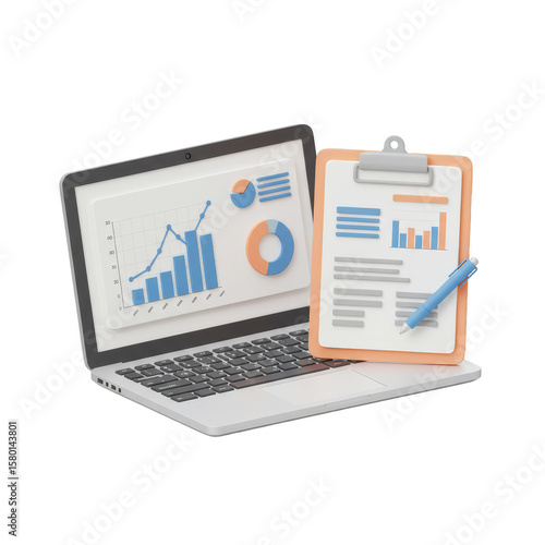3D Laptop Clipboard Graphs Data Analytics Business Transparent PNG