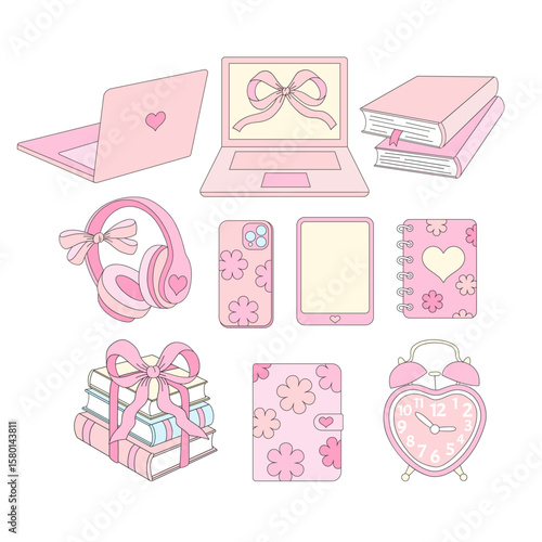 Preppy Coquette Back to School Vector Illustration Set of Girly School Supplies in Pastel Pink Colors. Ideal for planner stickers, digital scrapbooking, educational designs, branding, and cute school