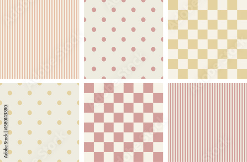 Checkered, lines and polka dots vector patterns set for wallpaper background, fabric design, scrapbooking. Flat hand drawn design