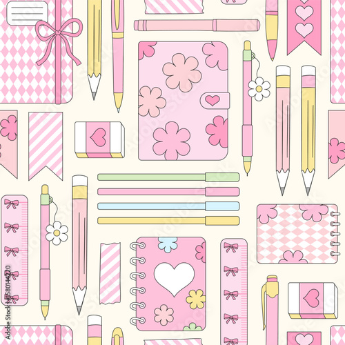 Preppy Coquette Back to School Vector Seamless Pattern with Girly School Supplies and Stationery in Pastel Pink and Retro Aesthetic. Ideal for schoolgirl designs, digital paper, stationery, planner