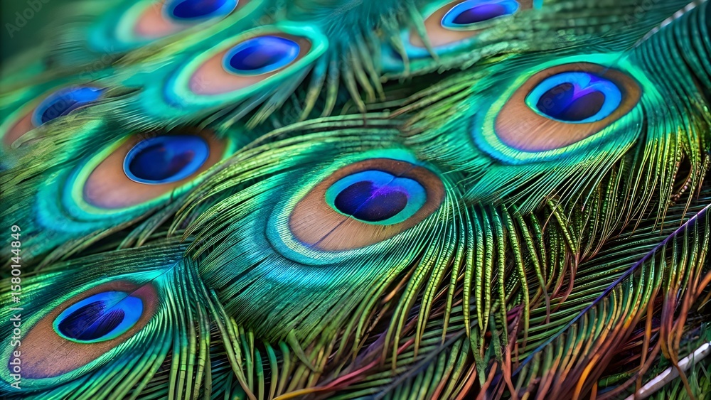 Fototapeta premium Vibrant Close-Up of Peacock Feathers with Iridescent Colors and Eye Pattern