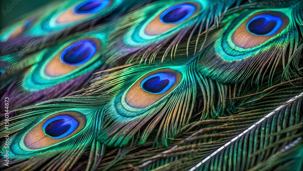 Obraz premium Vibrant Close-Up of Peacock Feathers with Iridescent Colors and Eye Pattern