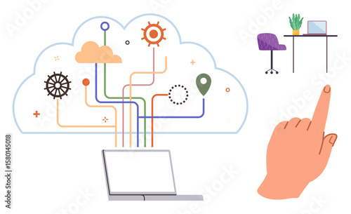 Cloud with interconnected lines above laptop, hand pointing, and a home workspace with desk and chair. Ideal for technology, remote work, data, connection, innovation mobility design. Simple flat