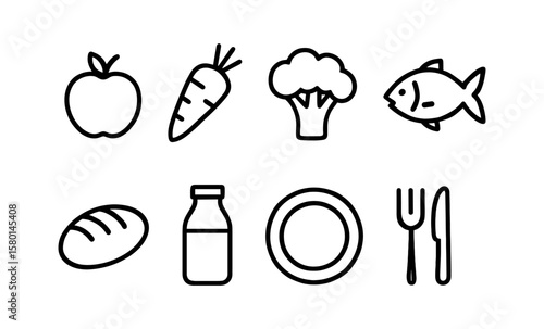Essential food icons: simple line art illustrations of fruit, vegetables, and dining items