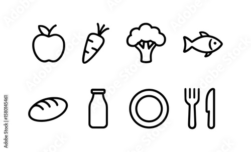 Simple linear icons of food and cutlery for minimalist design