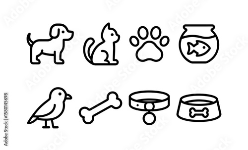 Simple outline icons of pets and accessories