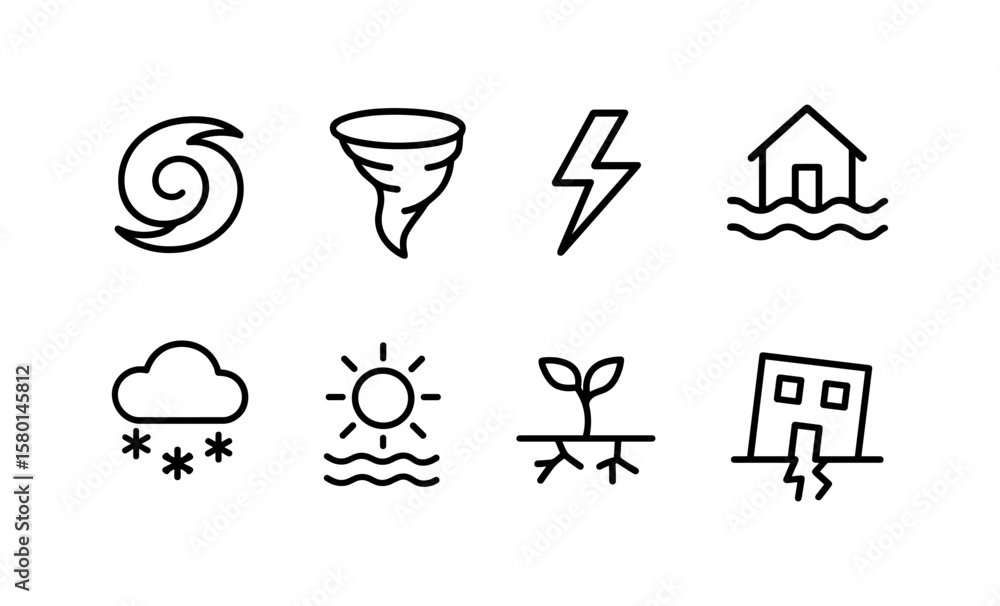 Fototapeta premium Minimal natural disaster icon set featuring tornado and earthquake symbols