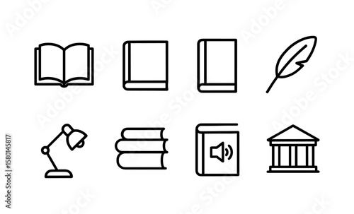 Minimalist library and reading icons: books, feather, lamp, and audio book
