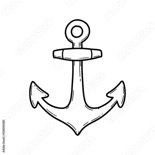 Vector hand-drawn doodle cute black outline illustration of a simple anchor with rounded flukes and circular top ring in minimal wavy line art style on white background