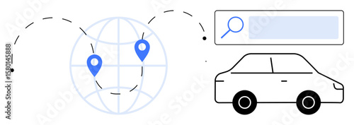 Globe with GPS pinpoints and connected paths, car silhouette, and search bar. Ideal for logistics, navigation, fleet management, ride-sharing, travel planning, delivery services simple landing page