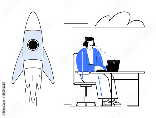 Woman focused on laptop at desk alongside ascending rocket, representing ideas, growth, and innovation. Ideal for creativity, progress, entrepreneurship, technology, ambition development focus