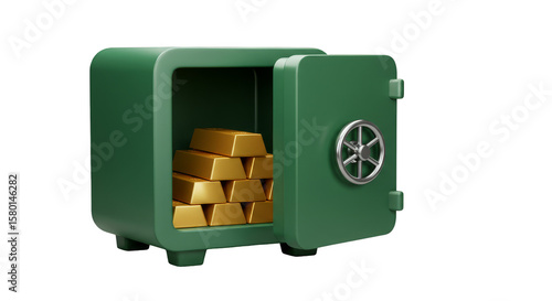 3D Rendering Gold Ingots in Green Safe Money Security Finance