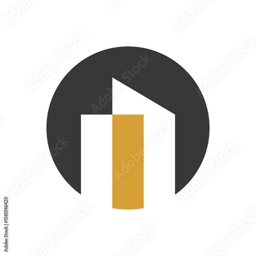 A minimalist logo of a building silhouette within a dark grey circle, featuring a prominent vertical golden rectangle, conveying stability and quality.