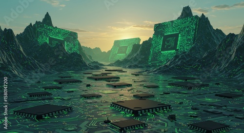 Surreal landscape featuring giant microchips integrated into mountain ranges creating
