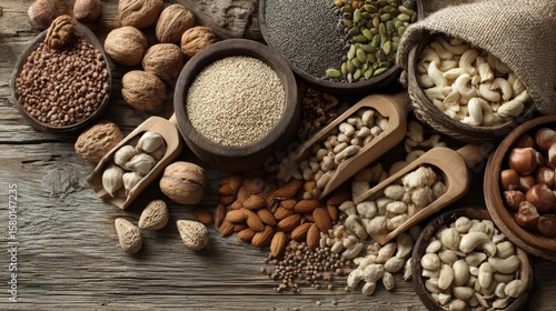 Various grains and nuts are beautifully arranged on a wooden
