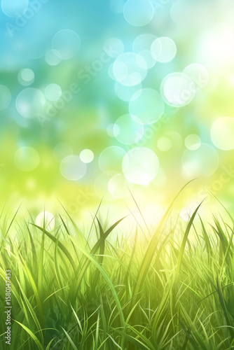 Fresh green grass field with bokeh light background. Spring outdoor nature landscape. Ecology and environment concept. Sunny summer day.