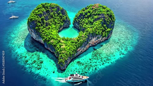 Beautiful tropical island in heart shape surrounded by vibrant turquoise water in Thailand, Thailand Asia beautiful tropical island in shape of heart aerial view