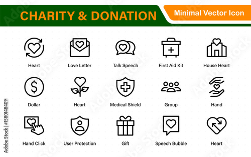 charity and donation icon set. charity and donation icon set, Help, volunteer, donated assistance, sharing, and solidarity symbol. Outline icons  collection.