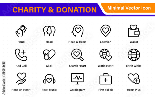 charity and donation icon set. charity and donation icon set, Help, volunteer, donated assistance, sharing, and solidarity symbol. Outline icons  collection.