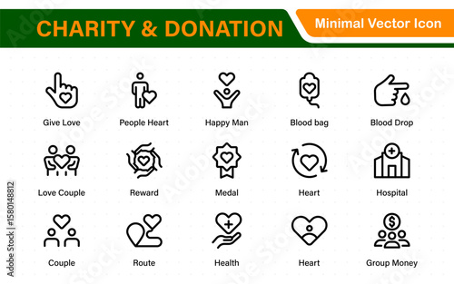 charity and donation icon set. charity and donation icon set, Help, volunteer, donated assistance, sharing, and solidarity symbol. Outline icons  collection.