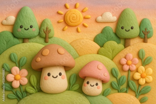Cheerful 3D Mushroom Characters in a Sunny Forest Landscape