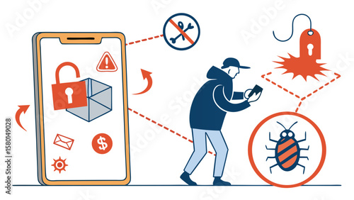 Mobile phone security threat with hacker, malware, and data breach represented in a diagrammatic style