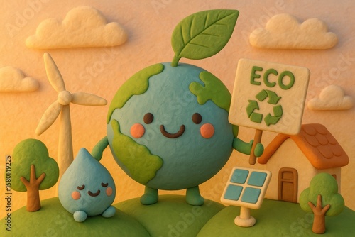Happy Planet Earth Character with Wind and Solar Power