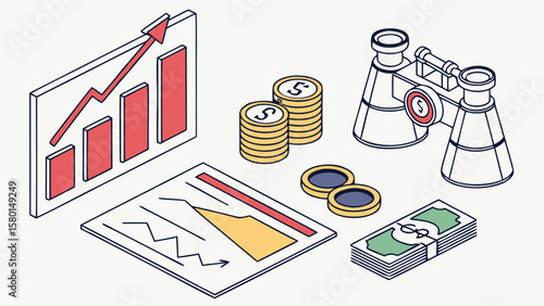 Isometric illustration of financial growth with charts coins money and binoculars shown