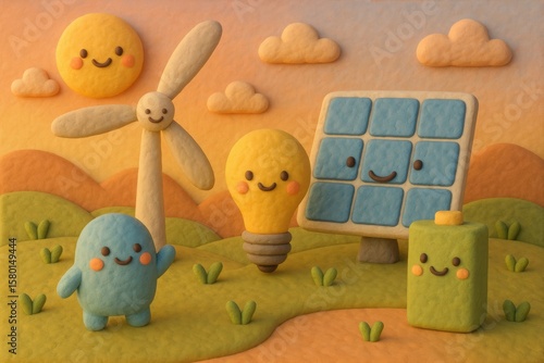 Smiling Planet Earth with ECO sign and Renewable Energy Sources