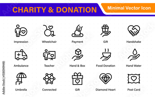charity and donation icon set. charity and donation icon set, Help, volunteer, donated assistance, sharing, and solidarity symbol. Outline icons  collection.