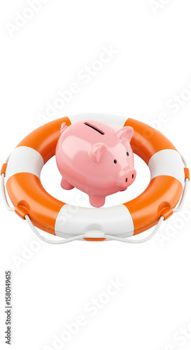3D Rendering of Pink Piggy Bank in Orange Lifebuoy Isolated Illustration