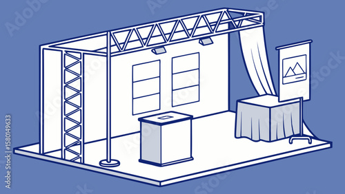Isometric view of a trade show booth with truss structure, display panels, and draped tables setup nicely