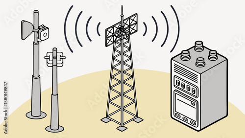 Illustration of communication equipment including antennas tower and a radio transmitter device