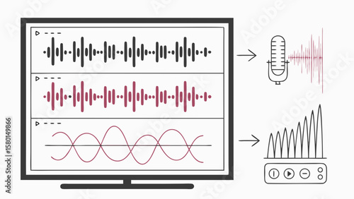 Audio waveforms displayed on a monitor with microphone and sound mixer illustration shown beside it