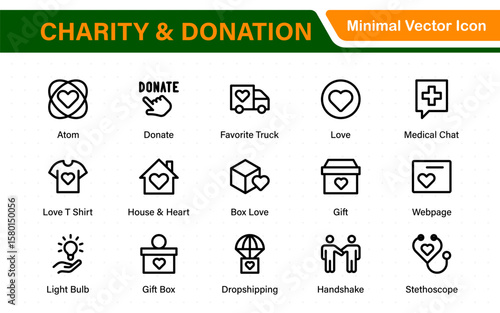 charity and donation icon set. charity and donation icon set, Help, volunteer, donated assistance, sharing, and solidarity symbol. Outline icons  collection.