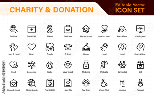 charity and donation icon set. charity and donation icon set, Help, volunteer, donated assistance, sharing, and solidarity symbol. Outline icons  collection.