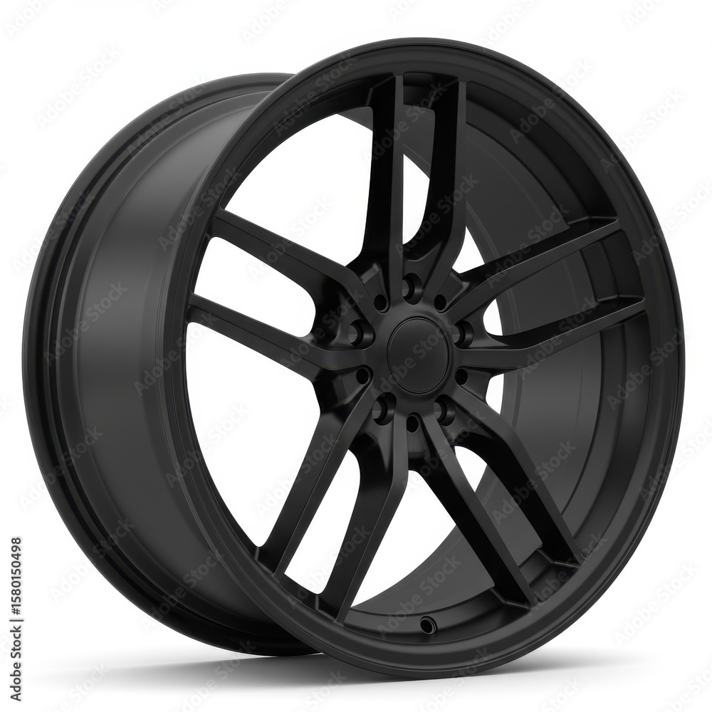 Obraz premium Matte Black Alloy Wheel with Unique Spoke Design for Vehicles