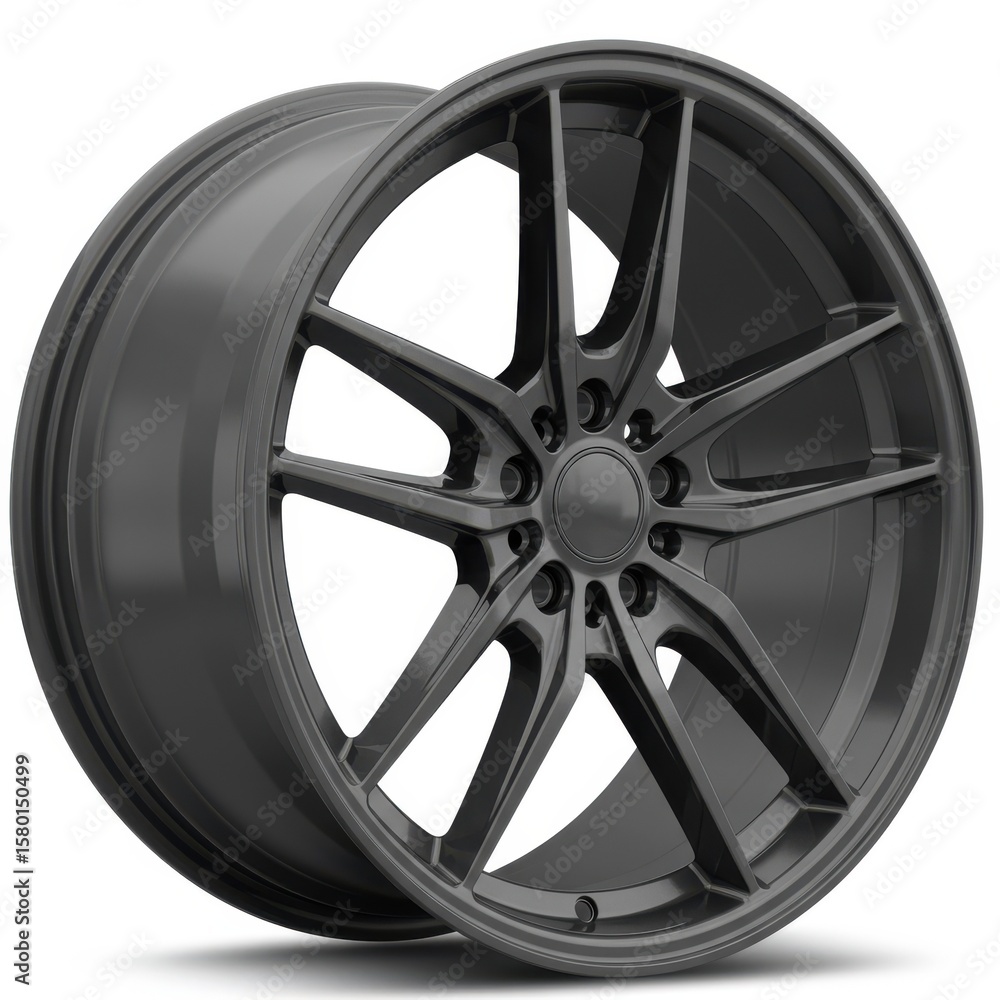 Obraz premium Sleek Black Alloy Wheel with Modern Design for Automobile Enthusiasts