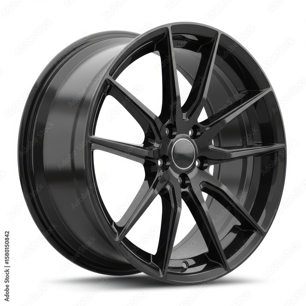 Obraz premium Sleek Black Alloy Wheel Design for Modern Vehicles and Sport Cars