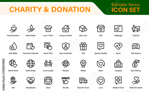 charity and donation icon set. charity and donation icon set, Help, volunteer, donated assistance, sharing, and solidarity symbol. Outline icons  collection.